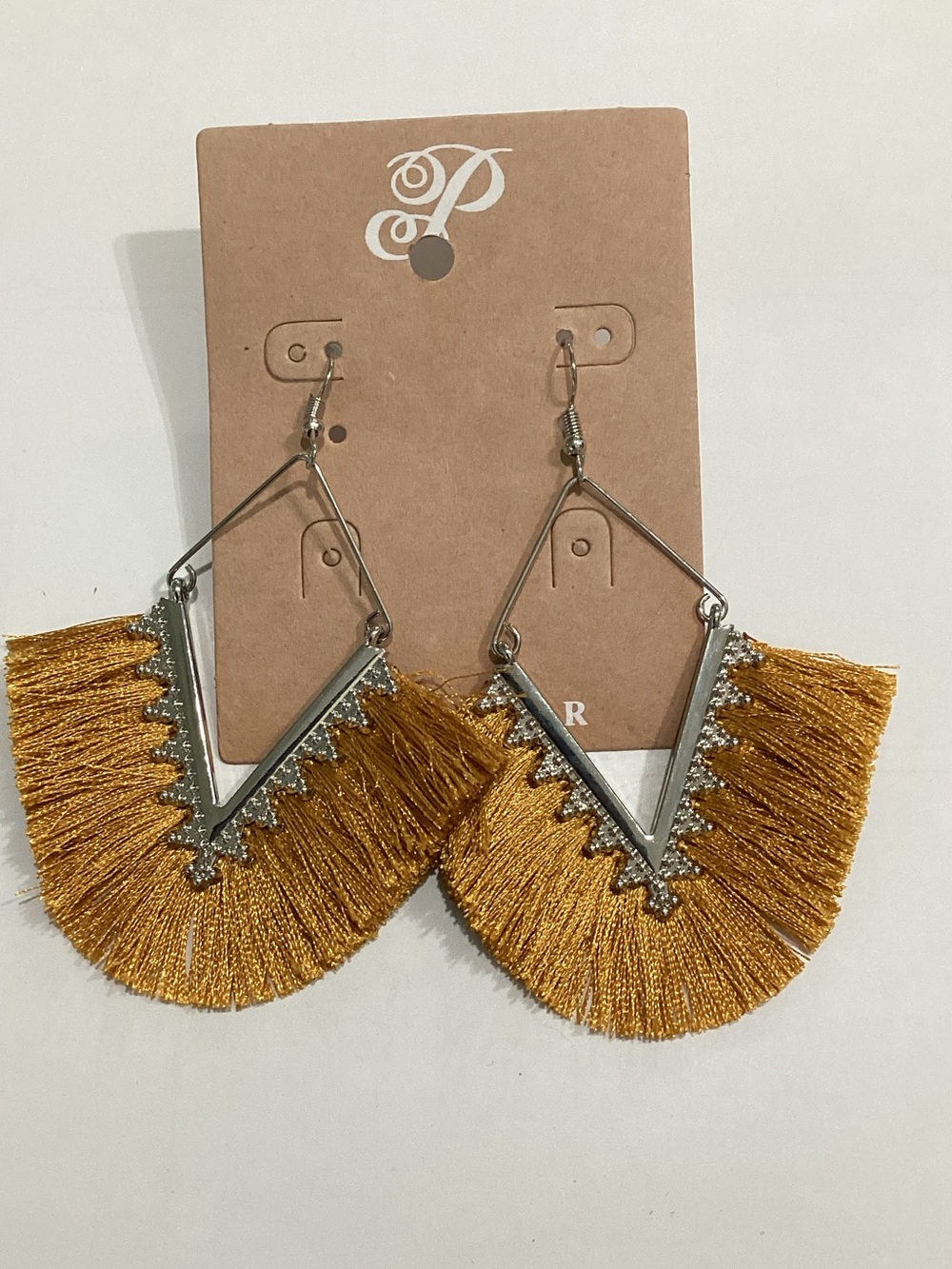 Plunder Gold-Tone Mustard Fringe Triangle Earrings